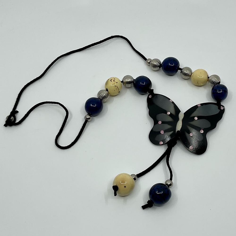 Vintage Beaded Hand Painted Leather Butterfly Necklace